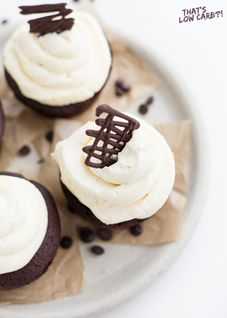 Low Carb Keto Cream Cheese Frosting Recipe-2 Image of Low Carb Keto Cream Cheese Frosting on chocolate cupcakes.