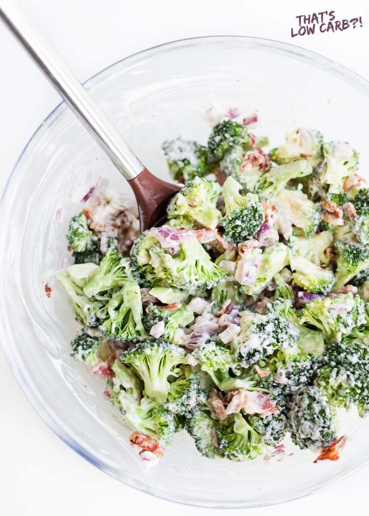 Keto Broccoli Salad Recipe Bacon-2 Overhead shot of Keto Bacon Broccoli Salad in a large glass bowl.
