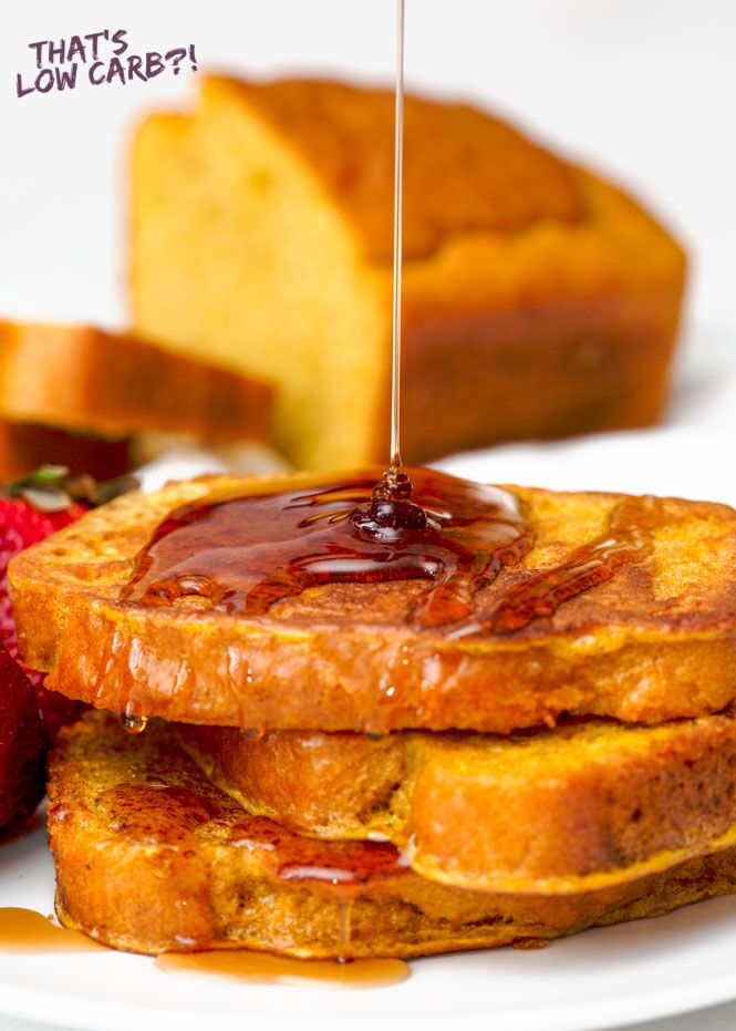 Low Carb Keto French Toast Recipe-4 Image of Image of Keto French Toast with syrup being poured over top.